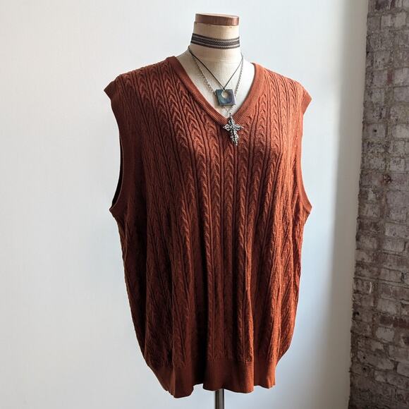 Vintage Silk Cable Knit Sweater Vest Rust Orange Grandpa Cottage Preppy Top XL - Picture 7 of 9